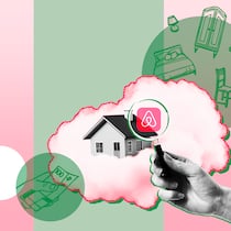Mietwohnung auf Airbnb stellen – ist das erlaubt? Eine rosa Wolke mit Haus darauf und schematischem Mobiliar darüber. Eine Lupe zeigt das Logo von Airbnb. Was gilt rechtlich?