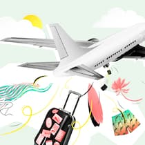 Koffer weg – was nun? Ein Flugzeug vor hellgrünem Hintergrund, aus dem Koffer, Palmen und eine Hose fallen. Wenn Reisegepäck verloren geht oder beschädigt wird, haben Sie Anspruch auf Entschädigung.