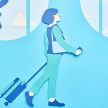 Nie mehr lange am Flughafen warten Illustration Frau mit Gepäck am Flughafen