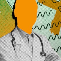 Brauche ich einen neuen Arzt, wenn ich die Krankenkasse wechsle? Eine Person mit Arztkittel und Stethoskop vor einer Checkliste und grün-orangenem Hintergrund. Der Kopf ist orange. Muss man den Hausarzt beim Kassenwechsel tauschen?