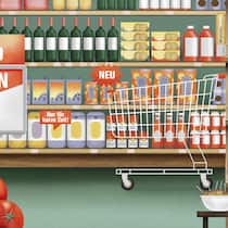 Erkennen Sie die Tricks im Laden! Illustration Supermarkt mit verschiedenen Tricks, die zum Kaufen verleiten sollen