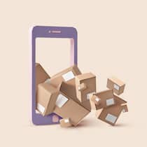 Ein Onlinegeschäft auf wackligen Beinen Cardboard boxes with blank space falling out of paper smartphone mock up against beige background with space for text. Concept of online shopping, delivery and dropshipping concept.