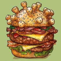 So nehmen Sie nicht zu Illustration eines Hamburgers (der Brotdeckel ist von der Form her angelehnt an die Form des Coronavirus).