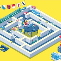 Wie geht Homeoffice bei den Steuern? Eine Illustration mit einer jungen Frau, die einen einfachen Arbeitstisch im Zentrum eines Labyrinths aufgebaut hat. Über ihrem Homeoffice hängen einige Schweizer Kantonswappen und gegenüber lauert das Steueramt, das sie kritisch von ausserhalb des Labyrinths beobachtet.