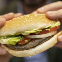 Bei Vegi-Burgern ist die Herkunft wurst Ein Mann isst einen vegetarischen Burger