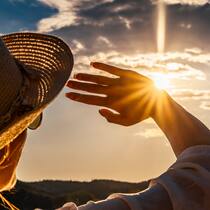 Hautfeind Sonne Eine Frau mit Sonnenhut und Sonnenbrille hält sich schützend die Hand vors Gesicht, um nicht von der Sonne geblendet zu werden
