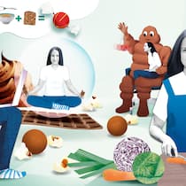 Die Gier in mir Beobachter-Autorin Nicole Krättli will in einem Selbstversuch herausfinden, wie emotionales Essverhalten sich bei ihrer Ernährung auswirkt und was die Gründe dafür sind. Die Autorin ist in verschiedenen illustrierten Posen dargestellt. Etwa meditierend mit Schokolade in den Händen oder auf einer Schoggikugeln sitzend beim Arbeiten auf dem Laptop.