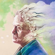 Plötzlich war er süchtig Illustration Mann mit Schmerzmittel in den Haaren. Glücklich verheiratet und erfolgreich im Job: Ein Banker genoss sein Leben – bis er nach einer Rückenoperation abhängig von Schmerzmitteln wurde.