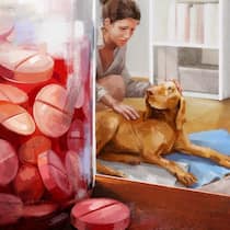 Warum musste Luna sterben? Illustration: Frau streichelt zärtlich ihren kranken Hund