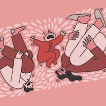 Schlafen wie ein Baby? Illustration: Eltern und Baby mit Schlafmangel