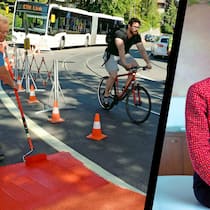 «Es müssen mehr Frauen in die Verkehrsplanung» Links: Arbeiter machen in Zürich Veloweg sichtbar / Rechts: Berner Verkehrsdirektorin Ursula Wyss
