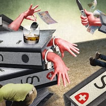 Wer darf meine Sünden sehen? Karikatur mit verschiedenen Delikten, beispielsweise Alkohol und Autoschlüssel, Spanner, Handschellen etc.