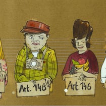 Wir alle sind Verbrecher Illustration mit vermeintlichen Verbrechern, die ein Schild mit Nummern aus einem Gesetzesartikel hochhalten.