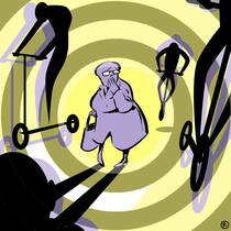 Stoppt den Trotti-Terror! Illustration: Frau ist von E-Trottinetten umzingelt