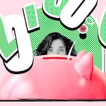 Eine Million für den Ruhestand – so schaffen Sie das Ein übergrosses Sparschwein, hinter dem eine Frau hervorschaut. Darüber Zahlen und Münzen vor rosa Hintergrund. Wie man persönliche Finanzen in den Griff bekommt.