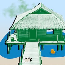 Ärger mit der Ferienwohnung – das können Sie dagegen tun Ein grüner Ferienbungalow mit Steg auf blauem Hintergrund mit grünem Dampf darüber. Was tun, wenn die Ferienwohnung schlecht ist.