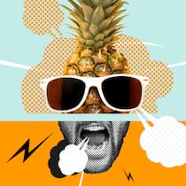 Pech in den Ferien – was jetzt? Ein geteiltes Gesicht, dessen obere Hälfte eine Ananas mit Sonnenbrille und deren untere Hälfte ein schreiender Mund ist vor blau-orangenem Hintergrund. Wie Sie Ferienstress vermeiden.