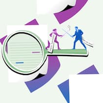 Arbeitszeugnis ändern – diese Streitfälle zeigen, wie es klappt Ein Mann und eine Frau kämpfen mit Schwertern, während sie auf einer Lupe stehen.: Collage zum Thema Arbeitszeugnis. Für Beobachter