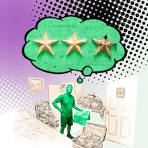 Umstrittene Sternebewertung für Hotel landet vor Gericht Illustration: Mann in Hotelzimmer mit Denkblase mit Sternen - Was, wenn das Hotel nicht seiner Sternekategorie entspricht.