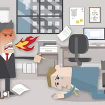 So bekommen Sie Ihren Boss in den Griff Eine Karrikatur zeigt ein Büro mit herumfliegenden Blättern, die ein flammenspeiender Chef um sich wirft und mit dem Zeigefinger wütend auf einen Angestellten zeigt, der am Boden kniet.