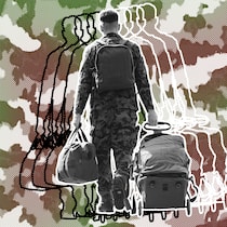 Diese 7 Fakten zum RS-Start sollten Sie kennen Ein Mann in Tarnkleidung trägt Taschen aus der Rückansicht vor Camouflage. Tipps für die Rekrutenschule.