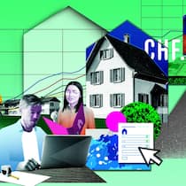 So ermitteln Sie den Wert Ihrer Liegenschaft Ein Bewertungsexperte für Immobilien sitzt vor einem Laptop, darum herum befinden sich Häuser und ein Diagramm, das den steigenden Häuserpreis abbildet - Beim Verkauf oder bei einer Erbteilung ist der Wert des Eigenheims relevant. Für die meisten Standorte genügt eine Onlinebewertung. Manchmal aber beauftragt man besser eine Fachperson.