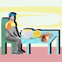 Sieben Tipps gegen Grippe – und was sie wirklich taugen Collage, rstellt am Dienstag, 4. November 2025 für den Beobachter. Bildmaterial: Shutterstock Orginal Image ID: shutterstock_2237011457 Creative photo 3d collage artwork postcard poster of stressed depressed man receive treatment hot beverage isolat…