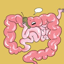 Bitte nicht in meinem Darm! Illustration Darm beschwert sich von Rina Jost, illustriert für den Beobachter im Juni 2026. Beobachter Nachlese 13/2026 Bitte nicht in meinem Darm! Mario Güdel