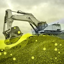 Soll doch die Allgemeinheit zahlen! Bildcollage zum Thema PFAS. Bagger, Schutt, ErdeMontage mit PFAS-Giftfilter