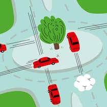 Das ist die Quadratur des Kreisels! Illstration eines Kreisels, über den Autos hinwegfahren