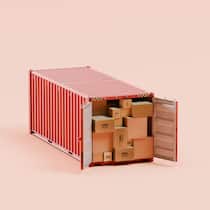 Konsumentenschutz deckt 61 «Schweizer» Fake-Shops auf Studio image of a single red cargo shipping container with open doors and filled with cardboard packages. Supply chain, global business, freight and shipping concept