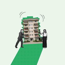 Wann eine professionelle Verwaltung sinnvoll ist Ein mehrstöckiges Haus mit schiefen Balkonen, daneben ein Mann und eine Frau.Collage Stockwerkeigentum: Da muss eine professionelle Verwaltung ran - 8 Tipps zur Verwaltung im Stockwerkeigentum Bildelemente: Verwalter und Verwalterin Quelle: Magnific, Wohnblock Quellle Gemini/KI-generiert