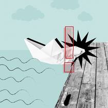 Unfall mit dem Mietboot – wer haftet? Ein Papierschiff kollidiert mit dem Anleger. Illustration zu Hotline-Frage: Ich habe ein Boot gemietet und es kam zu einem Unfall auf dem See. Wer muss den entstandenen Schaden bezahlen?