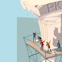 So wird das nichts mit der Pensionskassen-Reform Illustration: Menschen malen PK-Säule neu