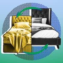 Gratis Ferienwohnung – so sichern Sie sich richtig ab Zwei verschiedene halbe Betten mit zwei Pfeilen vor grün-blauem Hintergrund. Wie Sie sich beim Wohnungstausch rechtlich absichern.