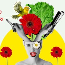 Diese 10 Beautytricks wirken – und kosten nichts Eine Frau mit Glätteisen, Lippenstift, Salat, Blumen und einem Vogel im Kopf vor einer Blumenwiese. Welche Beautytipps wirklich helfen.