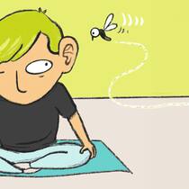 Jetzt bitte alle schweigen! Illustration Mann im Yogakurs mit Mücke