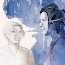 Was ist denn los mit dir? Eine Teamleiterin unterhält sich mit einem Arbeitskollegen. Der Angestellte ist mit einer Maske dargestellt, ähnlich zu einer Karnevalsmaske, jedoch mit ernstem Gesichtsausdruck.