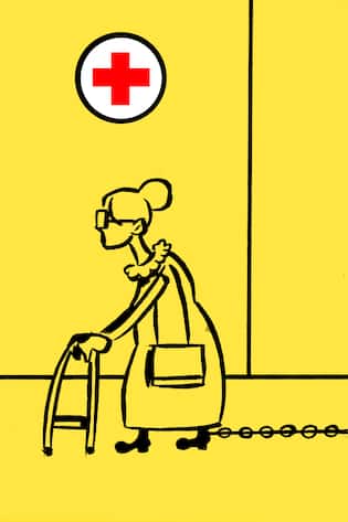 Illustration: Rentnerin zieht Computermaus hinter sich her