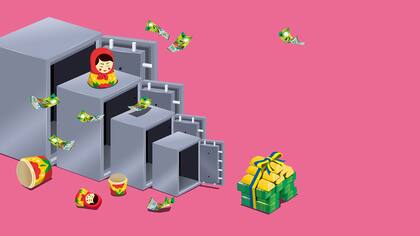 Der Schweiz droht die nächste Blamage Illustration mit mehreren Tresors, Schweizer Franken, Gold und Matrioschka-Puppen auf pinkem Hintergrund. Der internationale Druck nimmt zu: Die Schweiz soll russische Vermögen im Wert von 7,5 Milliarden Franken für den Wiederaufbau der Ukraine freigeben. Die Gesetze lassen das nicht zu. Doch es gäbe einen Ausweg.