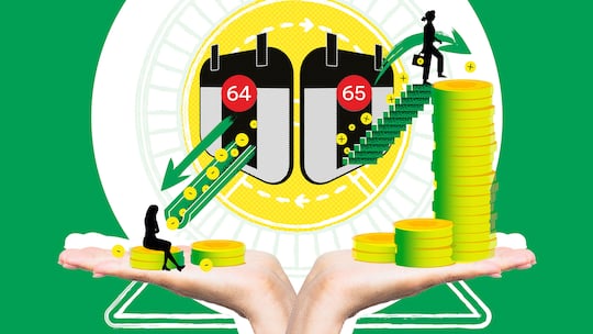 Illustration mit Kalendern und Münzen - Was ist besser: bis 65 arbeiten oder mit 64 aufhören und eine kleinere Rente in Kauf nehmen? Der Beobachter zeigt die Optionen