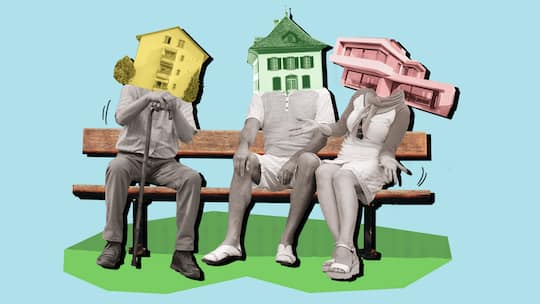 Drei Personen unterschiedlichen Alters auf einer Parkbank mit Häusern statt Köpfen. Es gibt verschiedene Wohnformen, die sich im Alter anbieten.