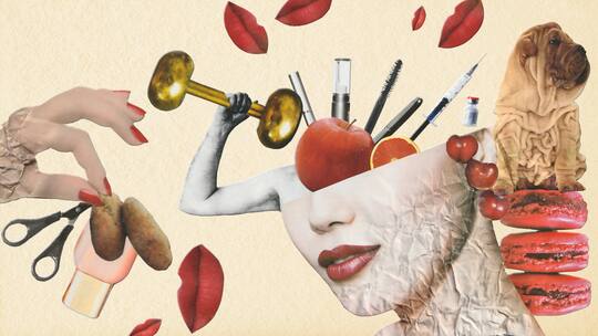 Illustration mit Frauengesicht, Lippen, Kosmetikprodukten, Äpfeln, Falten. Egal, wie jung wir uns fühlen, das Alter zeichnet sich ab. Auch unsere 33-jährige Autorin entdeckt erste Falten. Ist das schlimm? Jein.