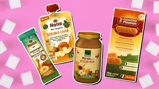 Die Grafik zeigt vier der untersuchten Lebensmittel, die viel Zucker enthalten.