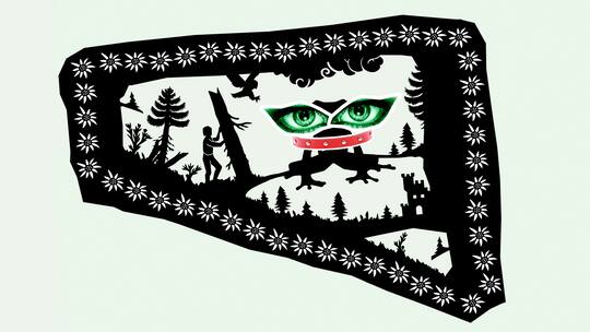 Ein Junge und ein Schloss neben einem Frosch mit übergrossen Augen und Halsband umrahmt von Edelweiss. Rechtliche Einordnung von der Sage Das Fröschlein mit dem roten Halsband