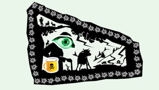 Ein Mann mit Gehstock und eine Kuh umrahmt von Edelweiss und eine gelbe Tasse mit Gefahrenzeichen. Rechtliche Einordnung von Der Spuk am Urdensee