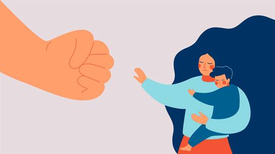 Illustration einer Faust, die sich gegen eine Frau mit Kind wendet. Künftig sollen Migrantinnen, die häusliche Gewalt erleben, besser geschützt werden.