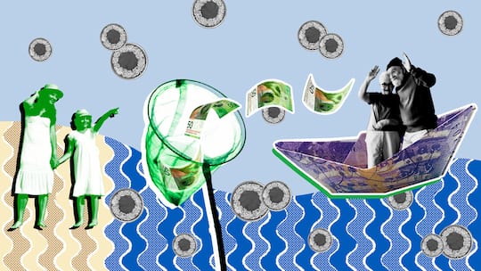 Ein Ehepaar steht auf einem Boot, das aus Banknoten von Tausend Schweizer Franken gefaltet wurde und winkt zum anderen Ufer herüber, wo eine Mutter ihr Kind in der Hand hält. Dazwischen befindet sich ein Fangnetz, welches Banknoten sowie Geldmünzen auffängt. In der Schweiz gibt es kantonale Unterschiede, wie eine Erbschaft besteuert wird. Eine Übersicht