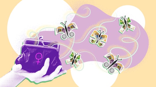 Ein Portemonnaie mit weiblichem Zeichen, aus dem Geldscheine in Schmetterlingsform fliegen. Wie Frauen zu einer besseren Rente kommen