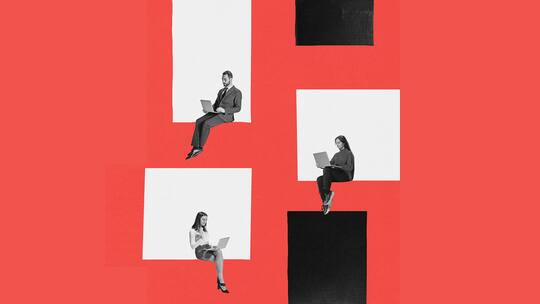 Frauen und Männer sitzen am Laptop arbeitend in einem Coworking Space. Bildcollage, sehr grafisch gestaltet